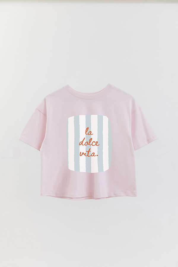 REMERA CROP ESTAMPADA ITALY LA DOLCE VITA CELESTE