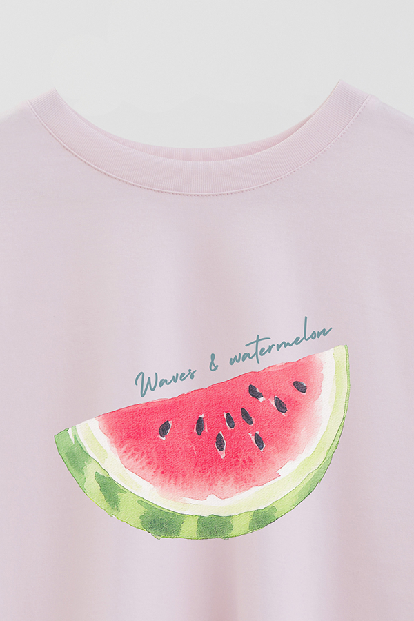 REMERA CROP ESTAMPADA COASTAL TROPICAL WATERCOLOR WAVES WATERMELON