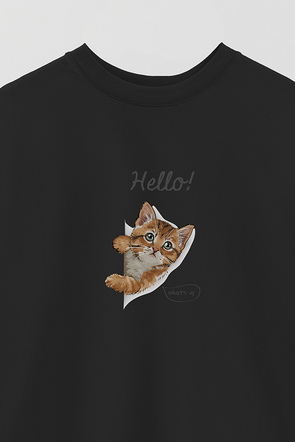 REMERA OVER ESTAMPADA CAT HELLO WHAT'S UP