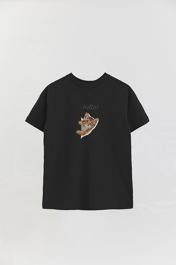 REMERA OVER ESTAMPADA CAT HELLO WHAT'S UP