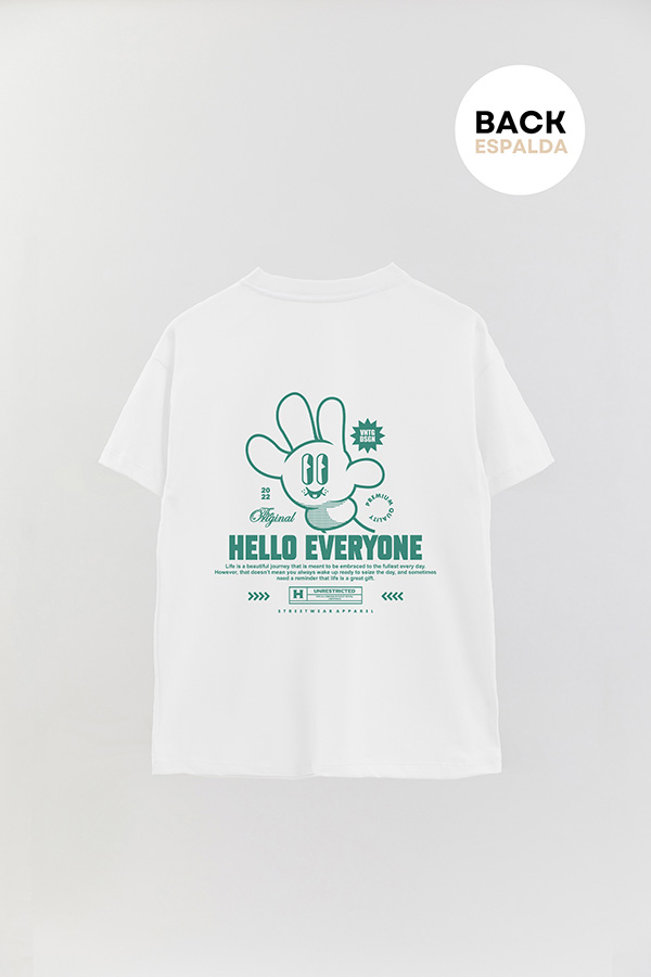 REMERA OVER FB CARTOON HELLO EVERYONE