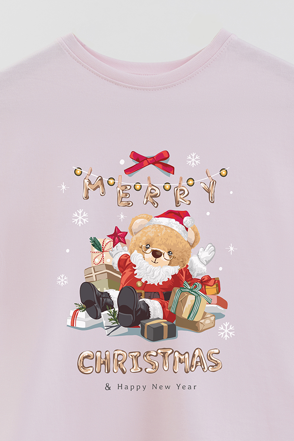 REMERA BASICA ESTAMPADA TEDDY CHRISTMAS MERRY CHRISTMAS PRESENTS