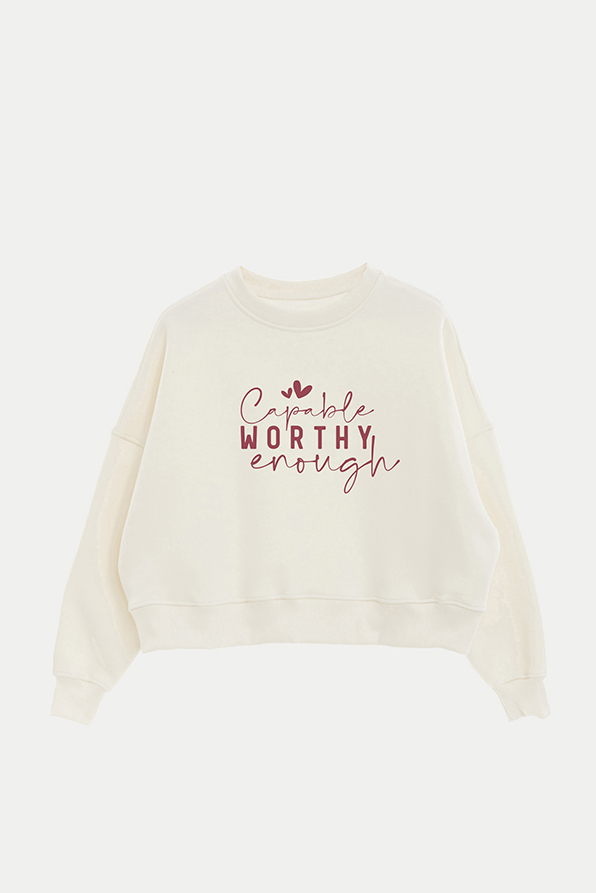 BUZO CROP FRISA ESTAMPADO MINIMAL LOVE CAPABLE WORTHY ENOUGH