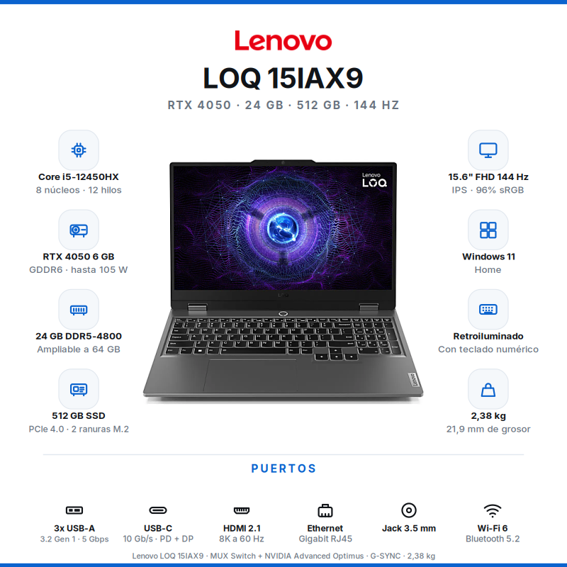 NOTEBOOK GAMER INTEL I5 12450HX/ RTX4050 6GB/ WIN11 HOME/ LENOVO LOQ 15IAX9/ 24GB DDR5 (2X12GB HASTA 32GB MAX)/ 512GB NVME 2242/ 15.6" FHD IPS 144HZ (1920 X 1080)/ LUNA GREY/ 83GS00GRAR