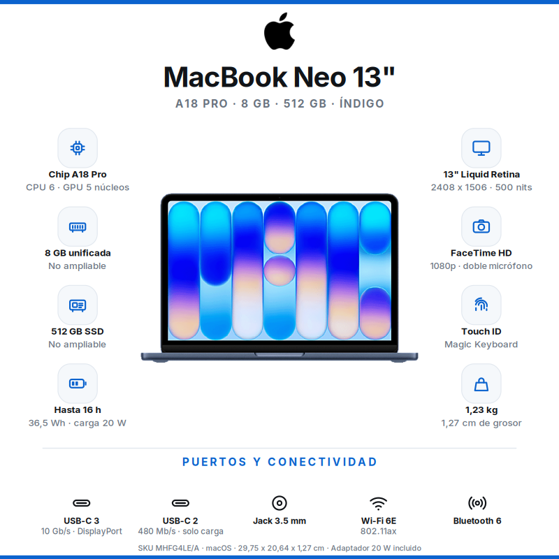 APPLE MACBOOK NEO A18 PRO 13" 8GB 512GB TOUCH ID INDIGO MHFG4LE-A CARGADOR FICHA NORMA U.S.A