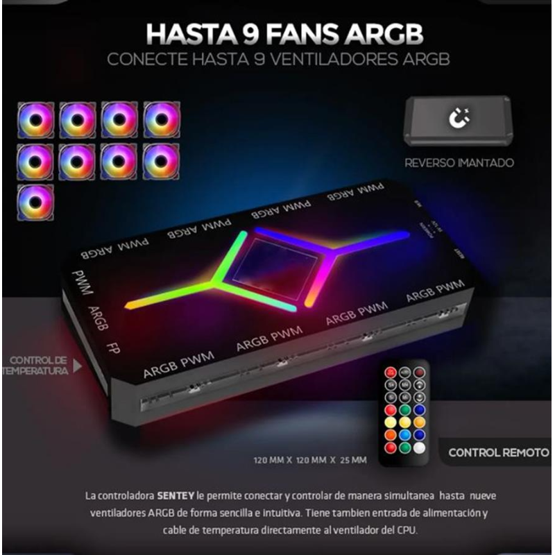 CONTROLADOR FALCOM 9 PUERTOS ARGB-PWM C/CONTROL REMOTO GX-4 ARGB (CONTROLA VELOCIDAD Y LUCES)