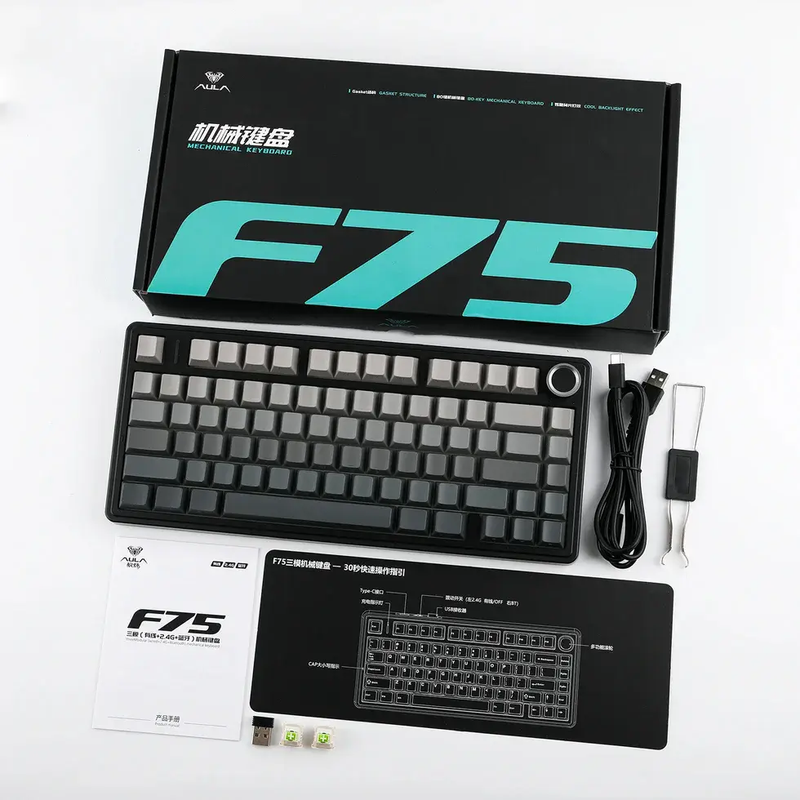 TECLADO GAMER MECANICO AULA F75 / USB-C + INALAMBRICO 2.4GHZ + BLUETOOTH / 75% / RGB / SWITCH REAPER / ESPAï¿½OL / NEGRO-GRIS DEGRADE -