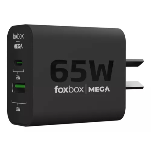 CARGADOR FOXBOX MEGA 65W PD20W QC 3.0 GAN PPS - 2 PUERTOS DE CARGA + CABLE LIGHTNING  (5622) - BLANCO - NEGRO