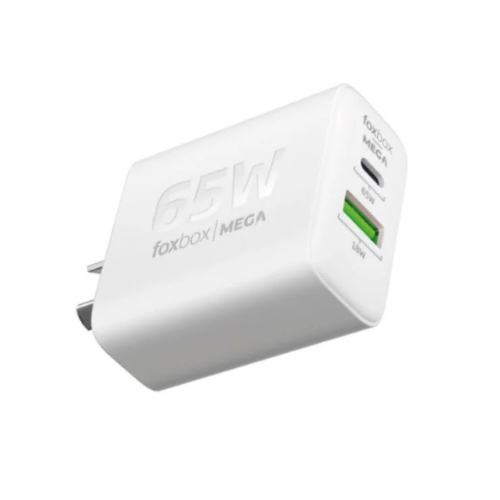 CARGADOR FOXBOX MEGA 65W PD20W QC 3.0 GAN PPS - 2 PUERTOS DE CARGA + CABLE LIGHTNING  (5622) - BLANCO - NEGRO
