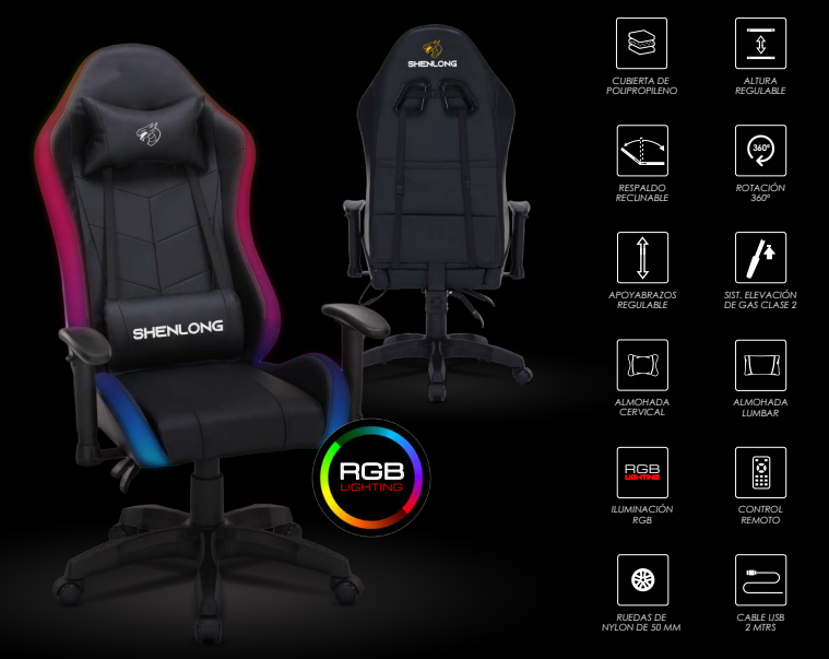 SILLA GAMER SIN ARMADO SHENLONG RGB RECLINABLE 150 CON CONTROL PARA LED SH-GC150RGB