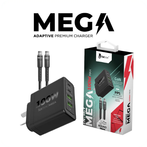 CARGADOR FOXBOX MEGA 100W + CABLE TYPE CPD20W QC 3.0 GAN PPS - 4 PUERTOS DE CARGA + CABLE ROUND TYPE C  (5928) - BLANCO - NEGRO