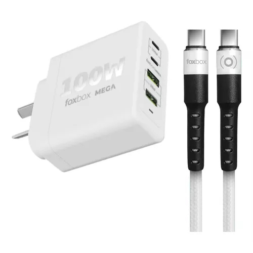 CARGADOR FOXBOX MEGA 100W + CABLE TYPE CPD20W QC 3.0 GAN PPS - 4 PUERTOS DE CARGA + CABLE ROUND TYPE C  (5928) - BLANCO - NEGRO