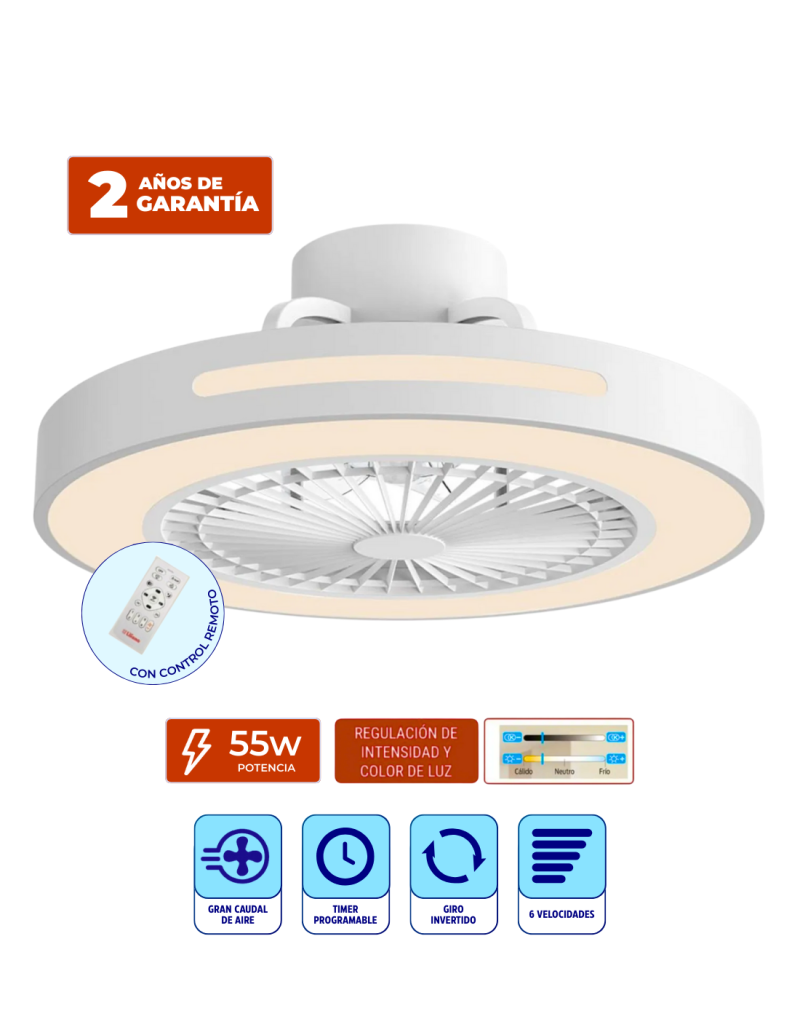 VENTILADOR DE TECHO CON LUMINARIA LED 3 TONOS 35W , MOTOR 55W 6 VELOCIDADES , CONTROL REMOTO VTHBOX20 S/N