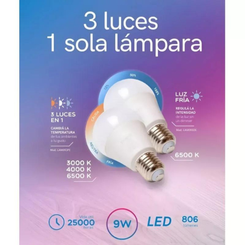 LAMPARA LED 9W LUZ FRIA- CALIDA- NEUTRA