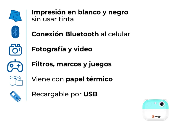 CAMARA DE FOTOS DIGITAL INSTANTANEA- INCLUYE 1 ROLLITO DE PAPEL TERMICO ITER02 CELESTE WAGGS - IMPRESION EN BLANCO Y NEGRO - ADMITE MICRO SD