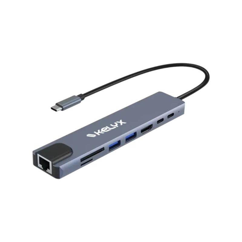 HUB KELYX 8 EN 1 USB TYPE C X1 RJ45 X1 HDMI X1 SD X1 TF USB 3.0 X2 / TIPO C X2