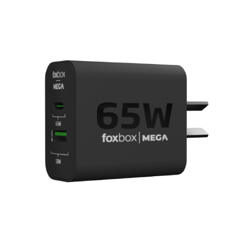 CARGADOR FOXBOX MEGA 65W PD20W QC 3.0 GAN PPS - 2 PUERTOS DE CARGA + CABLE ROUND TYPE C  (5945) - BLANCO - NEGRO
