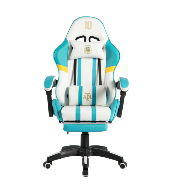 SILLA GAMER ARMADA ALIVER AFA CELESTE Y BLANCO CON MASAJEADOR Y APOYA PIES MODELO 10 AL-GC9007