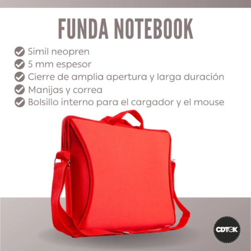 MALETIN NB 15.6` CDTEK SIMIL NEOPRENE CON MANIJA Y CORREA ROJO