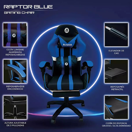 SILLA GAMER SIN ARMADO ALIVER RAPTOR AI +MASAJEADOR+APOYA PIES- AZUL AL-GC9910
