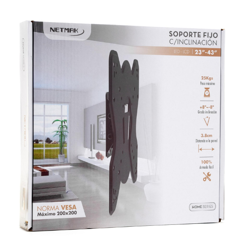 SOPORTE TV PARED FIJO C/ INCLINACION  23 A 43"HASTA 25KG VESA HASTA 200*200 NETMAK NM-ST22