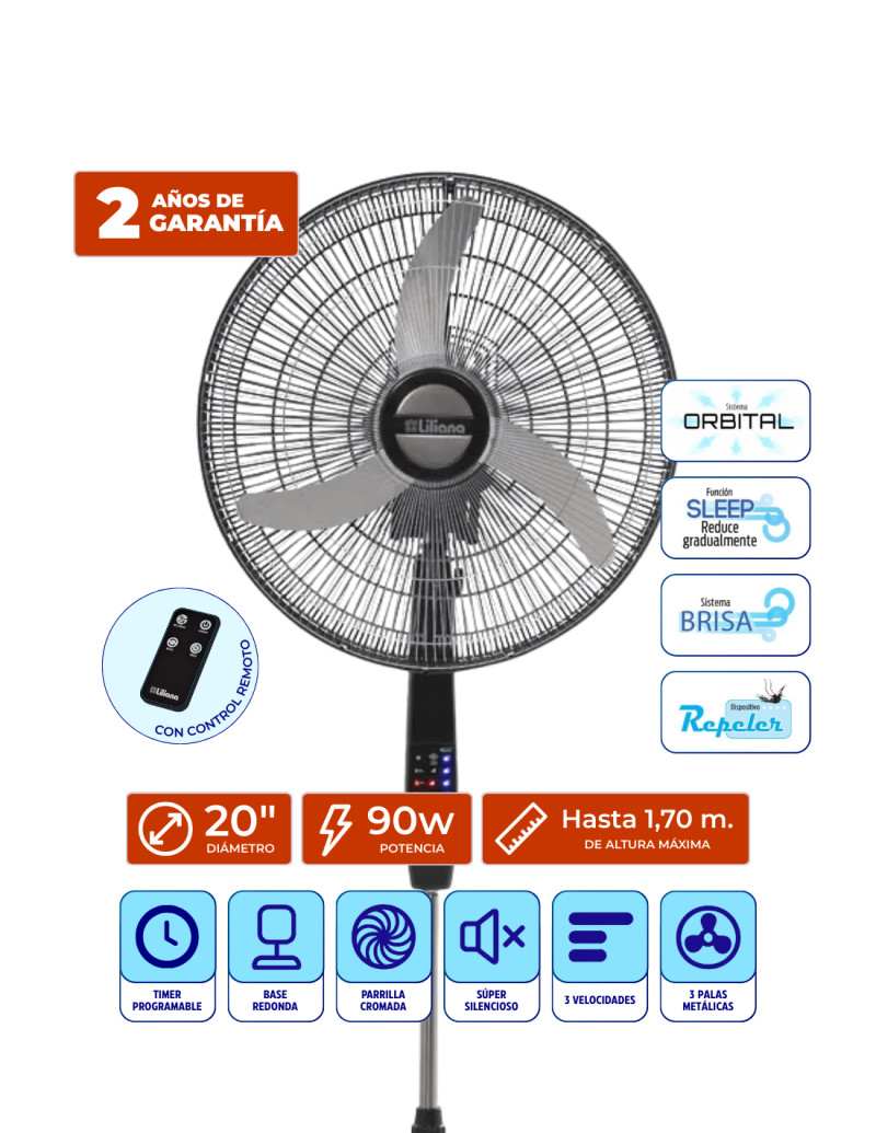 VENTILADOR DE PIE 20` 90W SIST. ORBITAL/REPEL C/CTROL REM LILIANA VPD20R  S/N