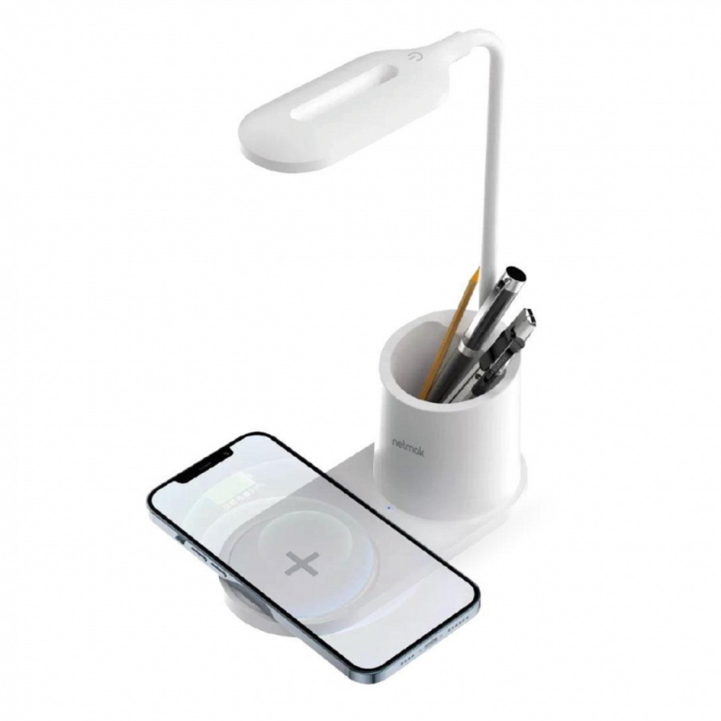 LAMPARA LED DE ESCRITORIO 3 MODO DE LUZ CON BASE DE CARGA INALAMBRICA 15W Y PORTA LAPIZ NETMAK NM-CL13W BLANCO