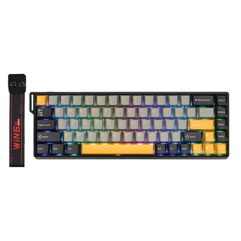 TECLADO USB TIPO C GAMER MAGNETICO AULA WIN68 HE MAX NEGRO GRIS AMARILLO SW WING CHUN