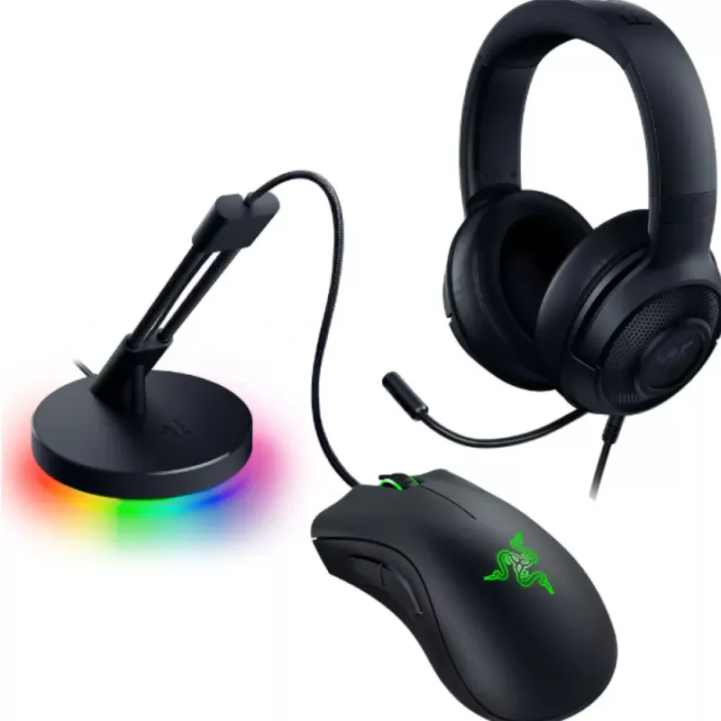 COMBO GAMER MOUSE DEATHADDER ESSENTIAL+ AURICULAR KRAKEN X LITE + SOPORTE DE CABLE MOUSE CHROMA