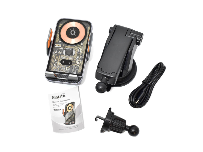 SOPORTE CELULAR P/AUTO CON CIERRE ELECTRICO Y CARGA INALAMBRICA 15W NSSOCEWI