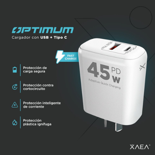CARGADOR  45W  XAEA OPTIMUM MODX-B016 / MOD501 1 USB  +1 TIPO C COLOR BLANCO
