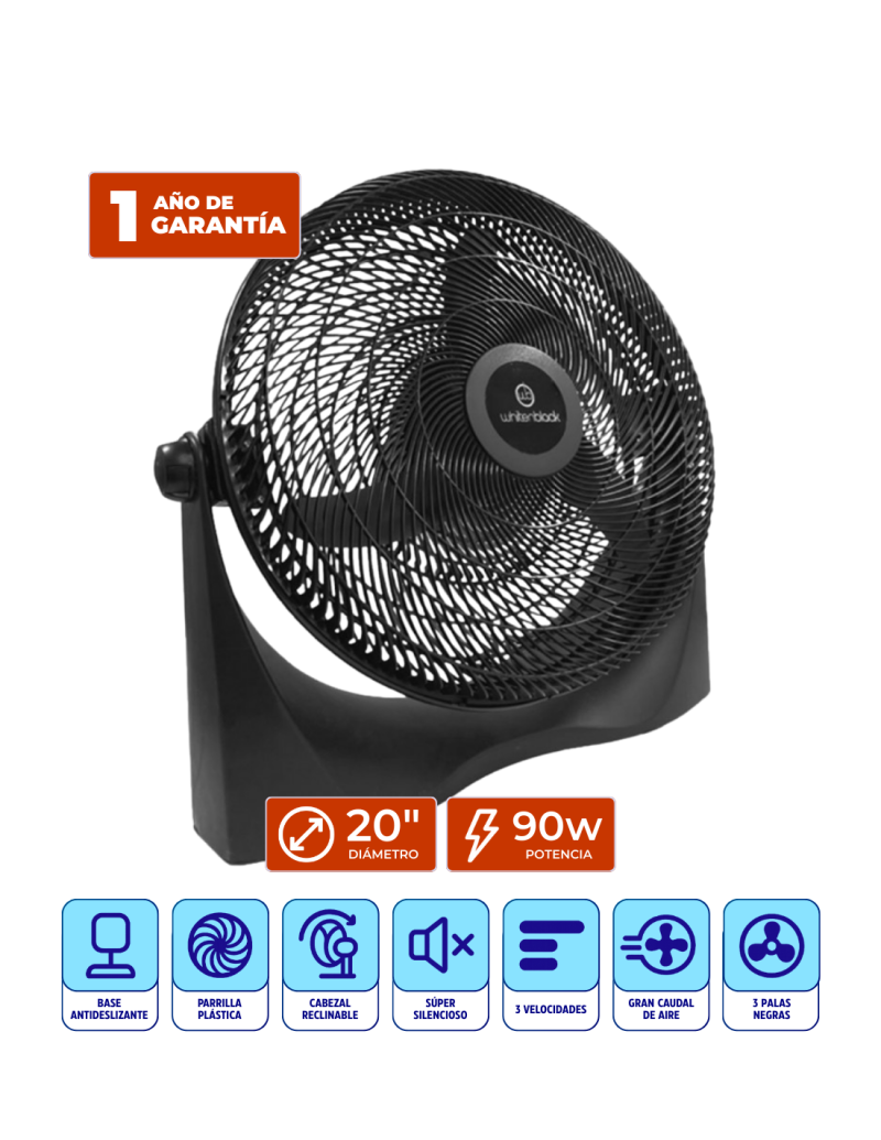 VENTILADOR TURBO RECLINABLE 20"  90W  PIE/PARED - TFWB20P - 3 ASPAS WHITENBLACK  S/S