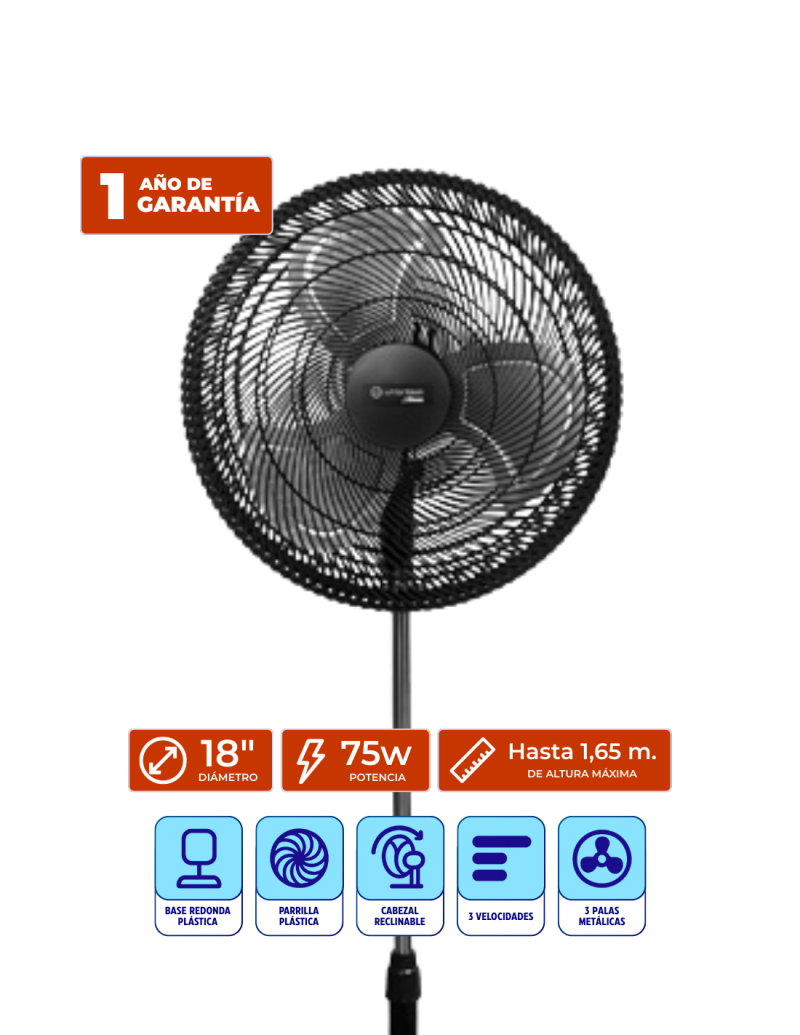 VENTILADOR DE PIE 18` 75W 3 ASPAS METALICAS ,3 VELOCIDADES WHITENBLACK BVPWB18M S/S