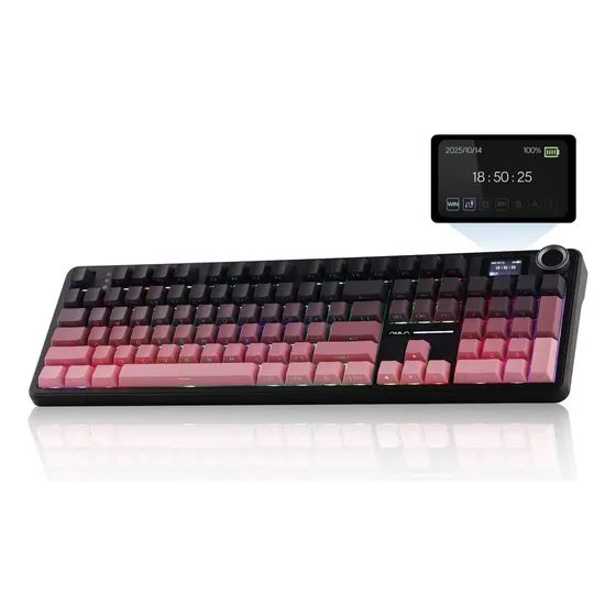 TECLADO USB TIPO C / INALAMBRICO 2.4GHZ / BT GAMER MECANICO AULA F108 PRO NEGRO ROSA DEGRADE FULL RGB SW GREYWOOD DISPLAY INGLES - 6978080501301