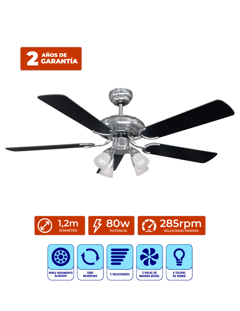 VENTILADOR DE TECHO  CON LUZ LILIANA VTHM415  5 PALAS REVERSIBLES NEGRO/GRIS  1,2MT DIAMETRO/285RPM/80W.  5 VELOCIDADES/ 4 TULIPAS DE VIDRIO  S/N