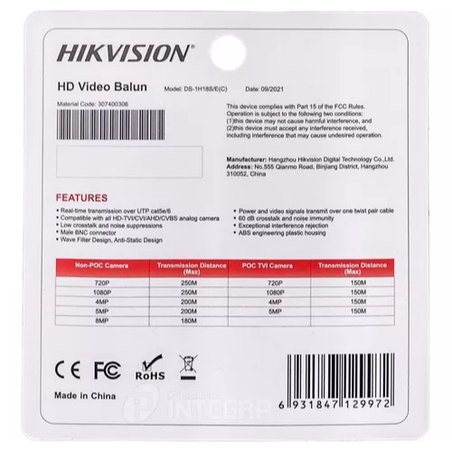 CS BALUN HIKVISION 1H18S/E(C) PASIVO