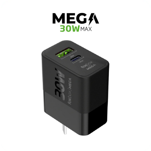 CARGADOR FOXBOX MEGA 30W PD20W QC 3.0 GAN PPS - DOBLE PUERTO DE CARGA  (5929) - BLANCO - NEGRO